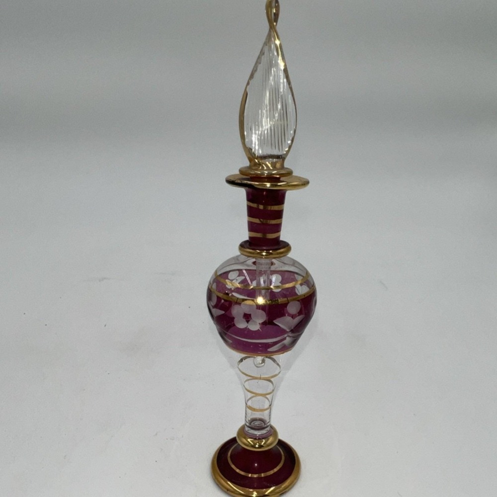 Handmade Egyptian Glass Perfume Bottle Gold Trim Floral Design Stopper